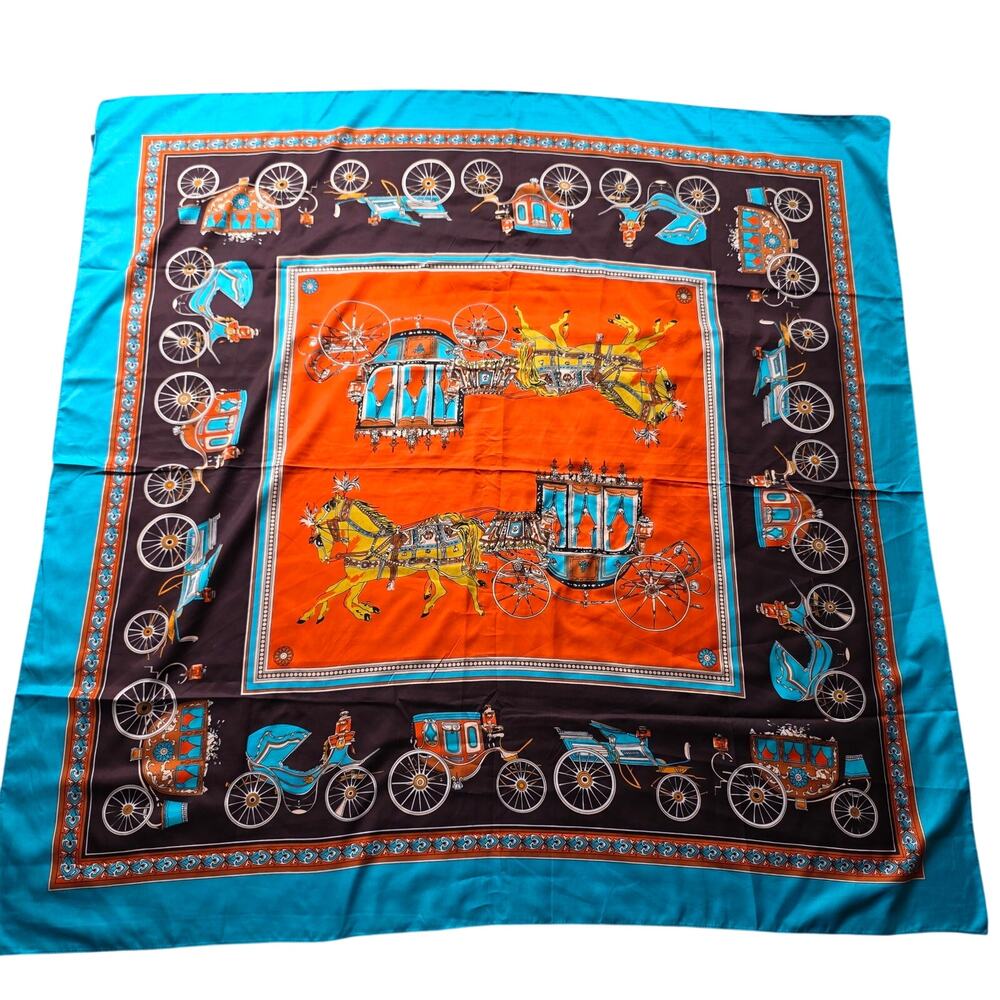 Vintage 100% Silk Equestrian Horse Carriage Print Square Scarf 51"
